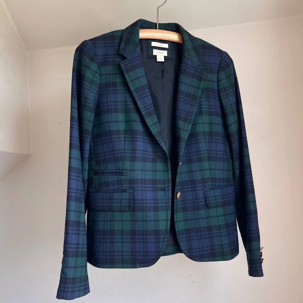 J. Crew Schoolboy‎ Blazer Size 4 Black Watch Plaid Navy Green Gold Button Jacket